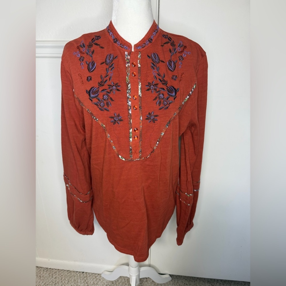 Scully Rust Embroidered Floral Blouse L new with tag